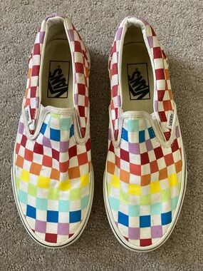 VANS rainbow checkerboard slip-on sneakers, Women's 7.